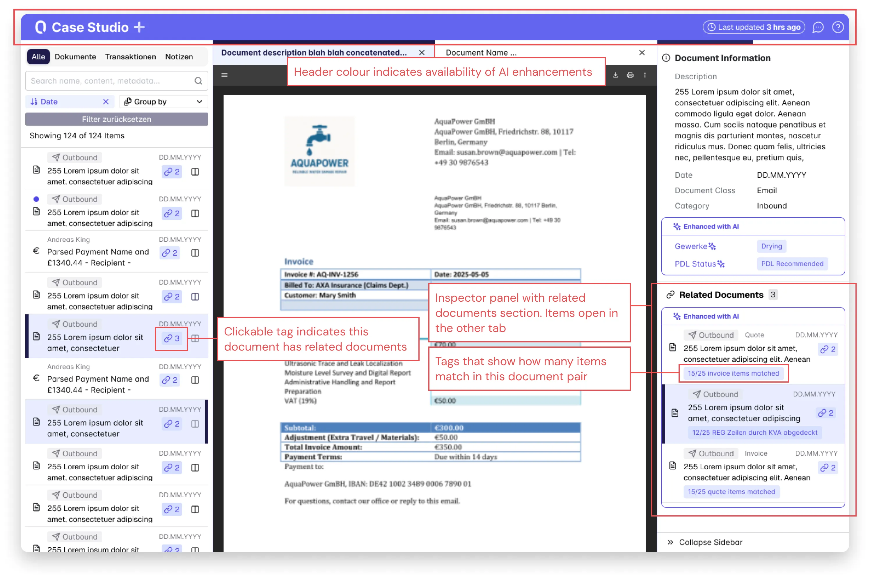 Annotated Case Studio interface showing key design decisions
